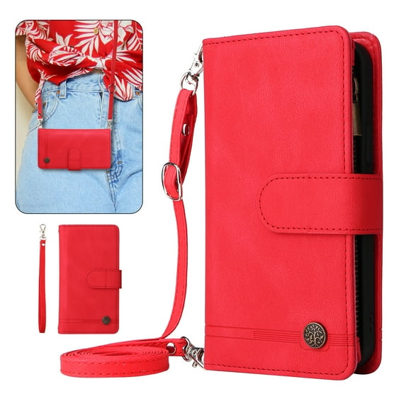 Dteck Crossbody Wallet Case for iPhone 15 Pro Max,Magnetic Leather Card Slots Zipper Wallet Kickstand Heavy Duty Lanyard Strap/Shoulder Strap Cover,Red