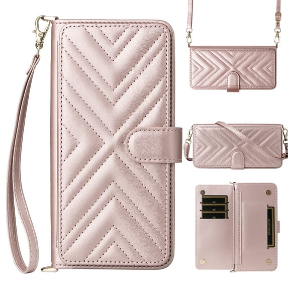 Dteck Crossbody Wallet Case for iPhone 15 Pro Max, PU Leather 6-Card Slots Holder Handbag Purse Flip Cover, Kickstand Folio Case with Wrist Strap Lanyard for iPhone 15 Pro Max,Pink