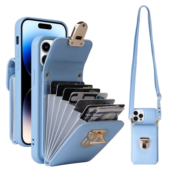 Dteck Crossbody Wallet Case for iPhone 15 Pro Max, PU Leather Purse Case with Card Holder, Flip Cover with Metal Lock Buckle Lanyard for Women Men, Light Blue