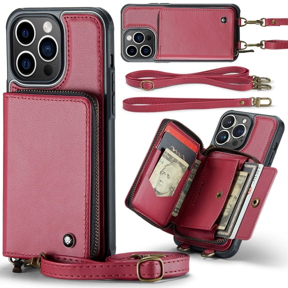 Dteck Crossbody Wallet Case for iPhone 15 Pro Max, RFID Blocking PU Leather Zipper Handbag Purse Flip Cover, Kickstand Folio Case with Card Slots Holder Wrist Strap Lanyard,Red