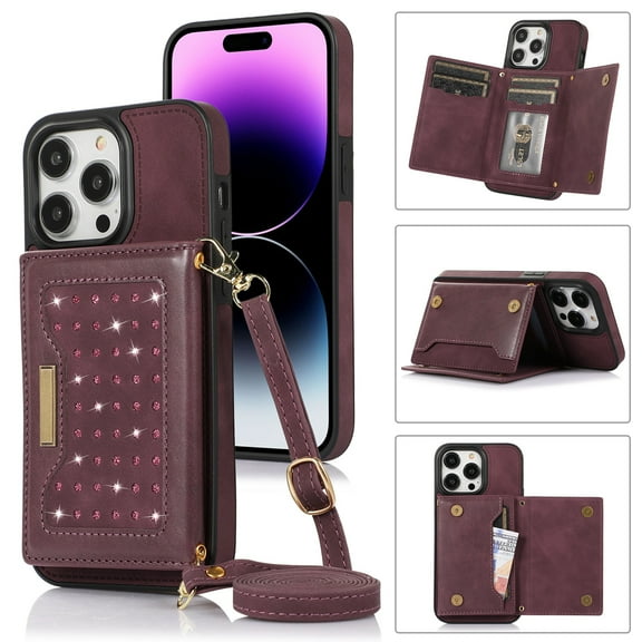 Dteck Crossbody Wallet Case for iPhone 15 Pro with RFID Blocking Card Slot Holder, Magnetic Flip Folio Purse Case, PU Leather with Bling Diamond Design Hangbag with Detachable Lanyard Strap,Winered