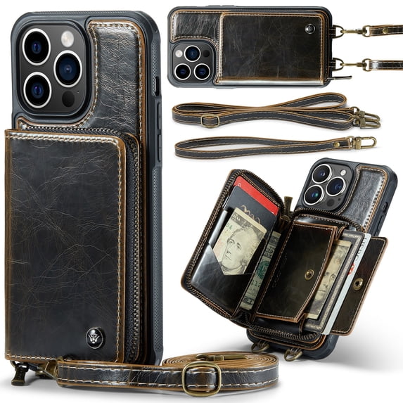 Dteck Crossbody Wallet Case for iPhone 15 Pro, RFID Blocking PU Leather Zipper Handbag Purse Flip Cover, Kickstand Folio Case with Card Slots Holder Wrist Strap Lanyard,Coffee