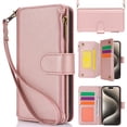 thumbnail image 1 of Dteck Crossbody Wallet Case for iPhone 15 RFID Blocking 7-Card Holder Soft PU Leather Magnetic Closure Shoulder Strap Zipper Pocket Phone Case Fit for iPhone 15,Rosegold, 1 of 9