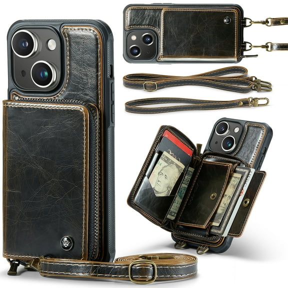 Dteck Crossbody Wallet Case for iPhone 15, RFID Blocking PU Leather Zipper Handbag Purse Flip Cover, Kickstand Folio Case with Card Slots Holder Wrist Strap Lanyard,Black