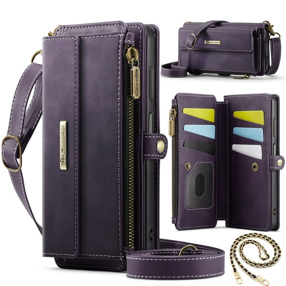 Dteck Crossbody Wallet Case for iPhone 16 Plus RFID Blocking 9-Card Holder Matte PU Leather Magnetic Snap Shoulder Strap Zipper Pocket Phone Case Fit for iPhone 16 Plus,Purple