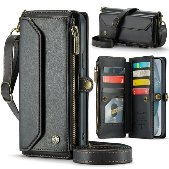 Dteck Crossbody Wallet Case for iPhone 16 Pro RFID Blocking 10-Card Holder Soft PU Leather Magnetic Snap Shoulder Strap Zipper Pocket Phone Case Fit for iPhone 16 Pro,Black
