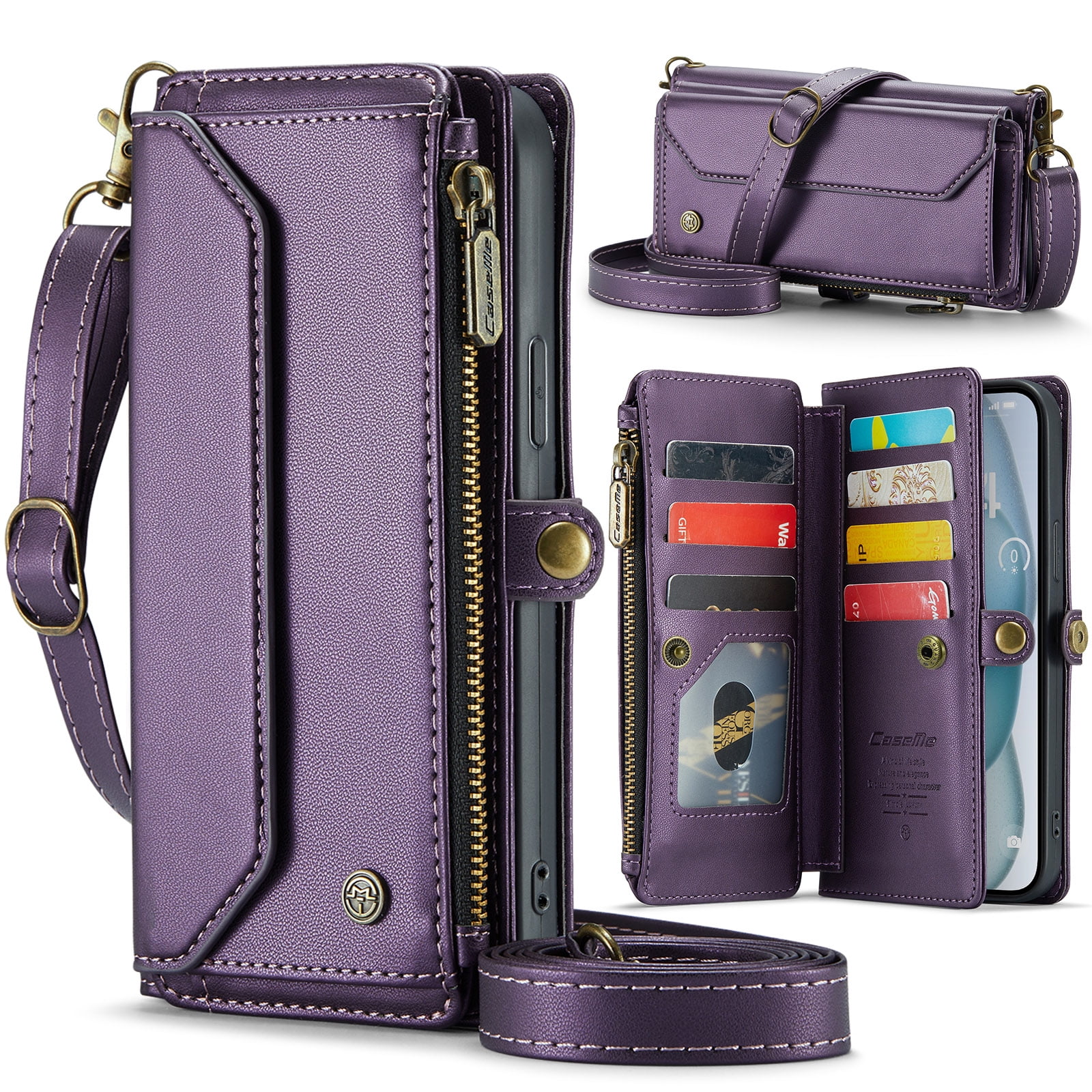 Dteck Crossbody Wallet Case for iPhone 16 RFID Blocking 10-Card Holder Soft PU Leather Magnetic Snap Shoulder Strap Zipper Pocket Phone Case Fit for iPhone 16,Purple