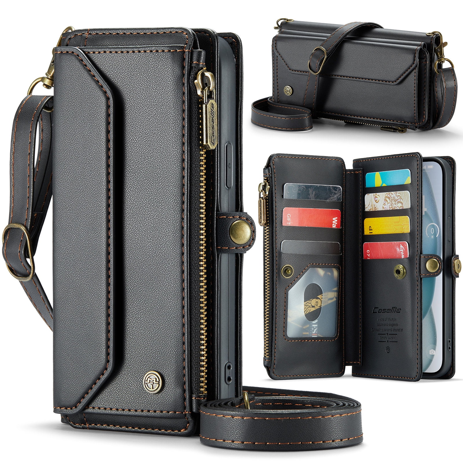 Dteck Crossbody Wallet Case for iPhone 16 RFID Blocking 10-Card Holder Soft PU Leather Magnetic Snap Shoulder Strap Zipper Pocket Phone Case Fit for iPhone 16,Black