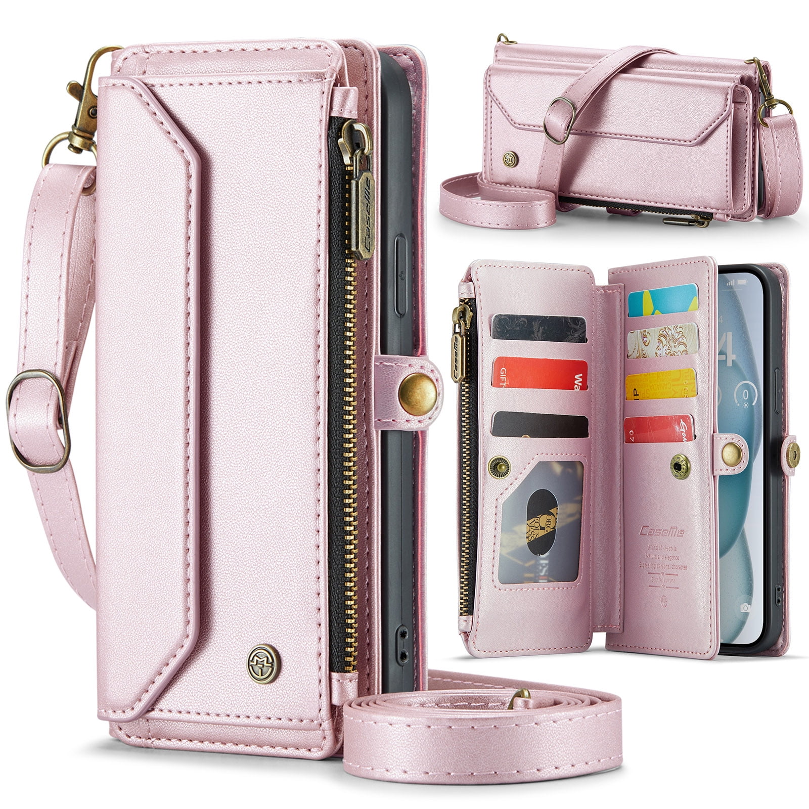 Dteck Crossbody Wallet Case for iPhone 16 RFID Blocking 10-Card Holder Soft PU Leather Magnetic Snap Shoulder Strap Zipper Pocket Phone Case Fit for iPhone 16,Pink