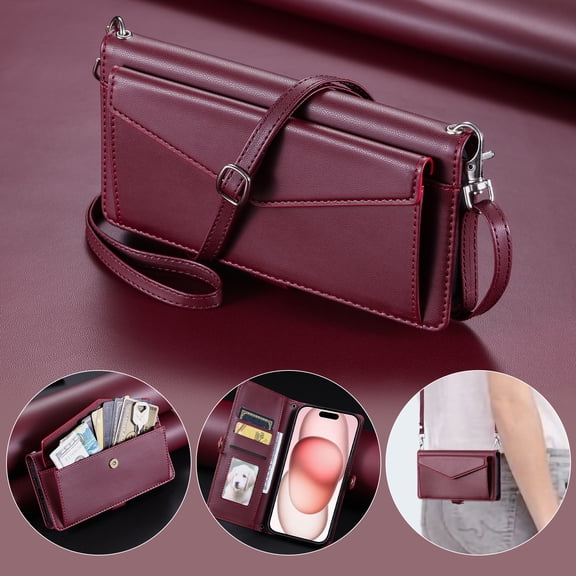 Dteck Crossbody Wallet Case for iPhone 16e,Magnetic Leather Card Slot Cash Pocket Case Shockproof Kickstand Full Body Protection Cover with Shoulder Strap/Wrist Strap,Winered