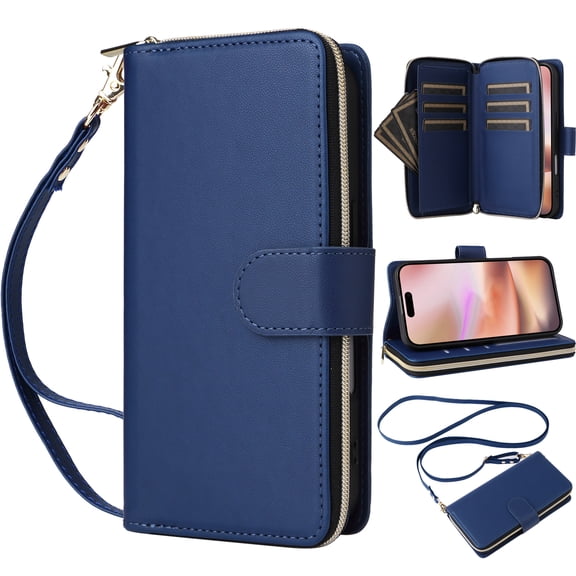 Dteck Crossbody Wallet Case for iPhone 16e, Soft PU Leather with 9-Card Slots Holder Kickstand, Handbag Zipper Flip Cover with Wrist Strap for Men Women,Blue
