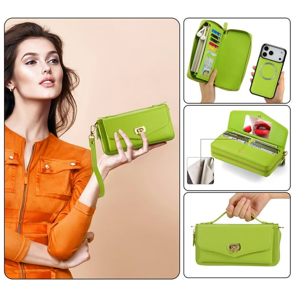 Dteck Crossbody Wallet Case for iPhone 17 Pro, Magnetic Detachable Floral PU Leather Phone Case with RFID Blocking Card Holder Wristlet Mirror Flip Zipper Shoulder Purse Bag for Women, Green