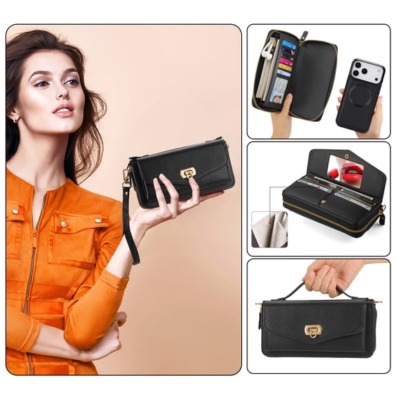 Dteck Crossbody Wallet Case for iPhone 17 Pro Max, Magnetic Detachable Floral PU Leather Phone Case with RFID Blocking Card Holder Wristlet Mirror Flip Zipper Shoulder Purse Bag for Women, Black