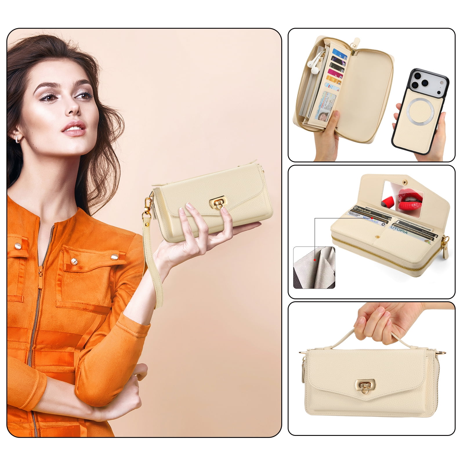 Dteck Crossbody Wallet Case for iPhone 17 Pro Max, Magnetic Detachable Floral PU Leather Phone Case with RFID Blocking Card Holder Wristlet Mirror Flip Zipper Shoulder Purse Bag for Women, Beige