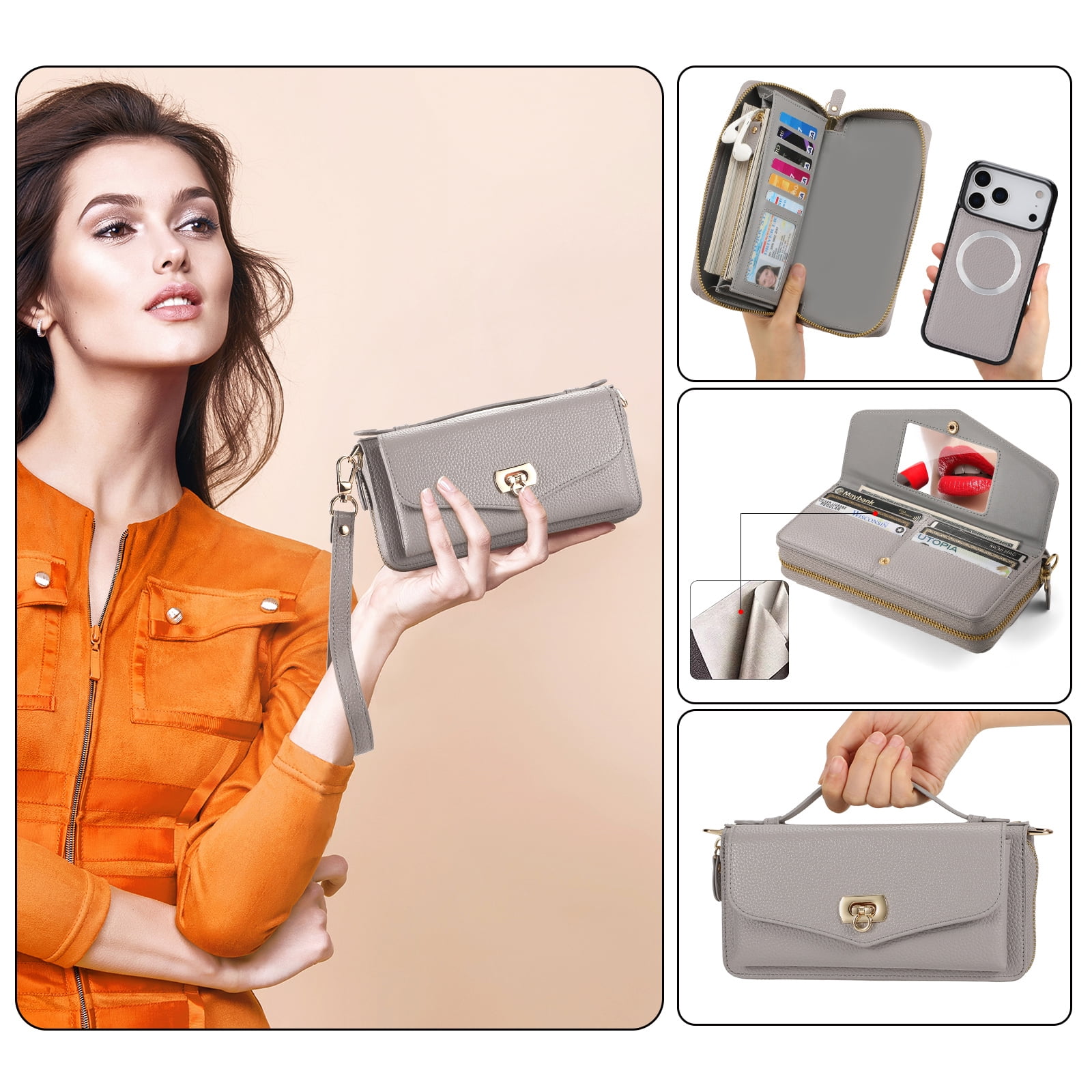 Dteck Crossbody Wallet Case for iPhone 17 Pro Max, Magnetic Detachable Floral PU Leather Phone Case with RFID Blocking Card Holder Wristlet Mirror Flip Zipper Shoulder Purse Bag for Women, Grey