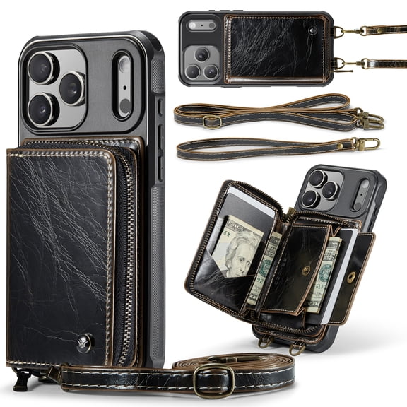 Dteck Crossbody Wallet Case for iPhone 17 Pro Max, RFID Blocking PU Leather Zipper Handbag Purse Flip Cover, Kickstand Folio Case with Card Slots Wrist Strap Lanyard,Coffee