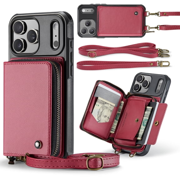Dteck Crossbody Wallet Case for iPhone 17 Pro Max, RFID Blocking PU Leather Zipper Handbag Purse Flip Cover, Kickstand Folio Case with Card Slots Wrist Strap Lanyard,Red