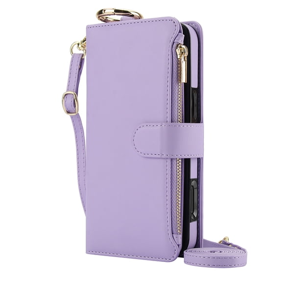 Dteck Crossbody Wallet Case for iPhone 17 Pro Max, Soft PU Leather Case with RFID Blocking Card Holder, Wristlet & Shoulder Strap, Zipper Purse for Women Men,Violet