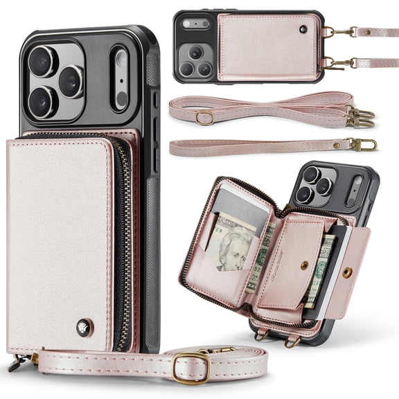Dteck Crossbody Wallet Case for iPhone 17 Pro, RFID Blocking PU Leather Zipper Handbag Purse Flip Cover, Kickstand Folio Case with Card Slots Wrist Strap Lanyard,Rosegold