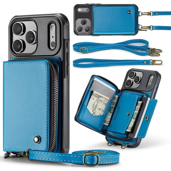 Dteck Crossbody Wallet Case for iPhone 17 Pro, RFID Blocking PU Leather Zipper Handbag Purse Flip Cover, Kickstand Folio Case with Card Slots Wrist Strap Lanyard,Blue