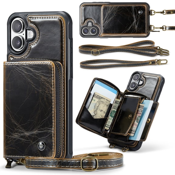 Dteck Crossbody Wallet Case for iPhone 17, RFID Blocking PU Leather Zipper Handbag Purse Flip Cover, Kickstand Folio Case with Card Slots Wrist Strap Lanyard,Coffee