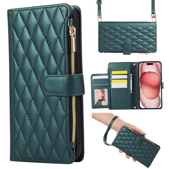 Dteck Crossbody Wallet Case for iPhone 8 Plus/7 Plus, 6-Card Holder Elegant Soft PU Leather Magnetic Buckle Shoulder Strap Zipper Pocket Handbag Purse Phone Case,Deep Green