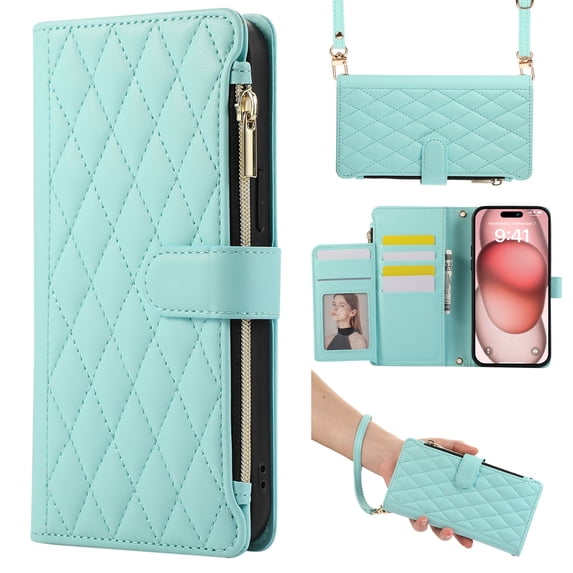 Dteck Crossbody Wallet Case for iPhone 8 Plus/7 Plus, 6-Card Holder Elegant Soft PU Leather Magnetic Buckle Shoulder Strap Zipper Pocket Handbag Purse Phone Case,Mint