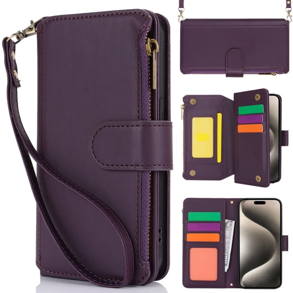 Dteck Crossbody Wallet Case for iPhone 8 Plus / 7 Plus RFID Blocking 7-Card Holder Soft PU Leather Magnetic Closure Shoulder Strap Zipper Pocket Phone Case Fit for iPhone 8 Plus/7 Plus 5.5",Purple