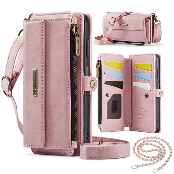 Dteck Crossbody Wallet Case for iPhone 8 Plus/7 Plus RFID Blocking 9-Card Holder Matte PU Leather Magnetic Snap Shoulder Strap Zipper Pocket Phone Case Fit for iPhone 8 Plus/7 Plus,Pink
