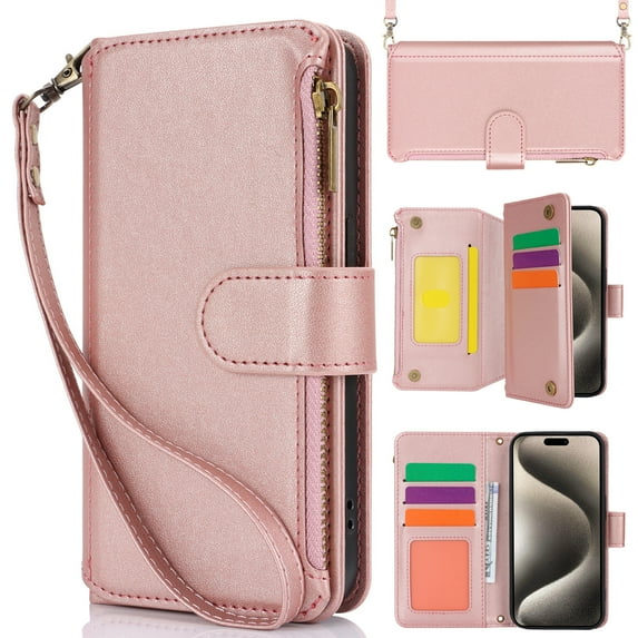 Dteck Crossbody Wallet Case for iPhone 8 Plus / 7 Plus RFID Blocking 7-Card Holder Soft PU Leather Magnetic Closure Shoulder Strap Zipper Pocket Phone Case Fit for iPhone 8 Plus/7 Plus 5.5",Rosegold