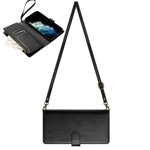 Dteck Crossbody Wallet Case for iPhone XS / iPhone X, PU Lether Zipper Handbag Purse Flip Cover, Kickstand Folio Case with 9 Card Slots Wrist Strap Lanyard for Women Men,Black