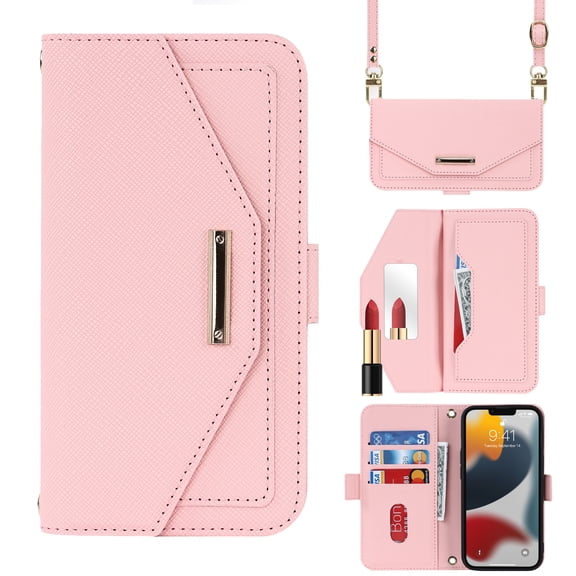 Dteck Crossbody Wallet for Google Pixel 7 Pro Case with Lanyard Shoulder Strap, PU Leather Handbag with Credit Card Holder Purse Stand Phone Cover with Built in Make-Up Mirror for Girls Women, Pink