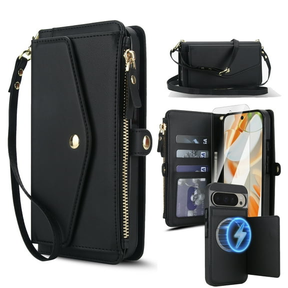 Dteck Detachable Magnetic Wallet Phone Case for Google Pixel 9 Pro XL with RFID Blocking and Zipper Pocket, Crossbody Purse Protective Cover with Screen Protector,Black