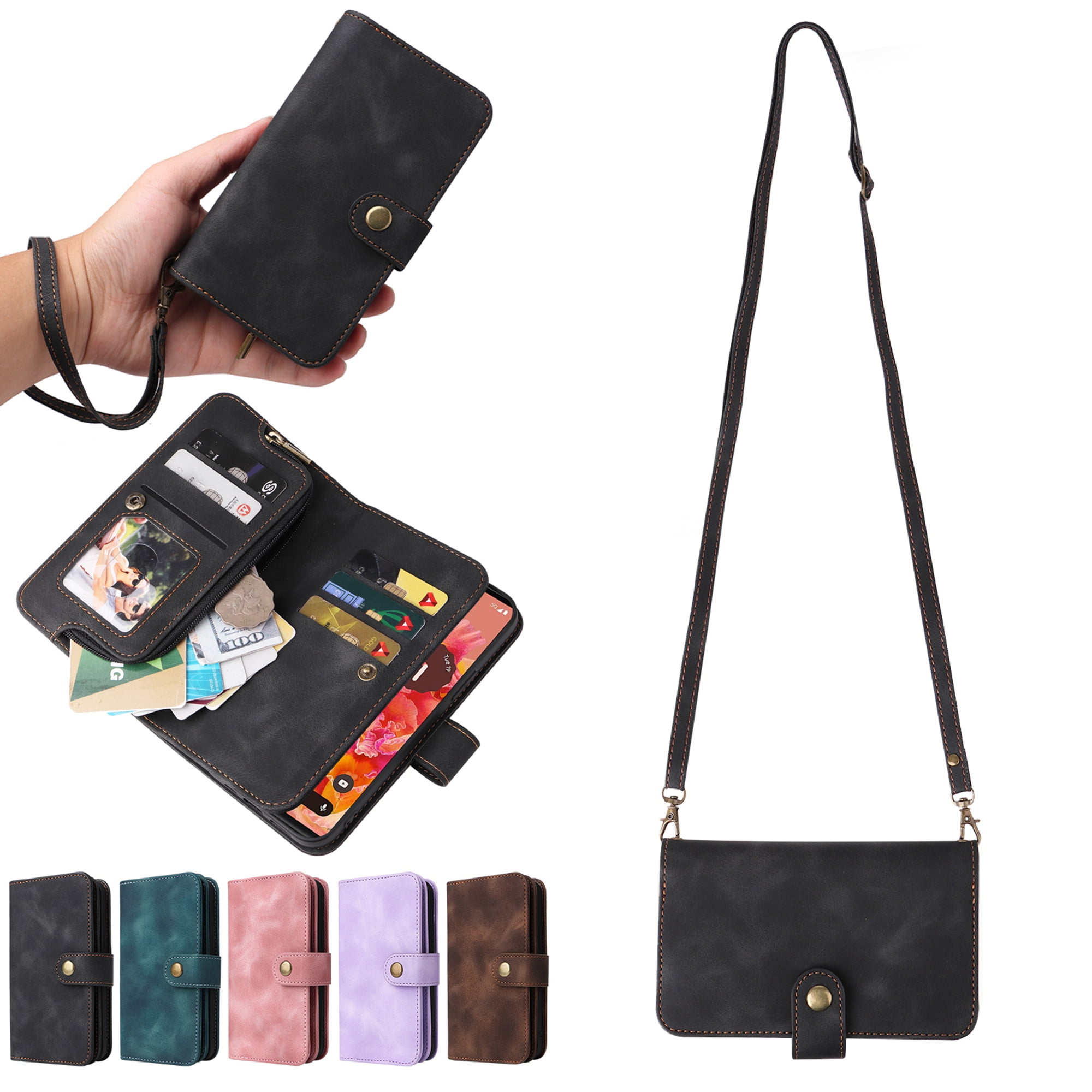 Dteck Crossbody Wallet Magnetic Phone Case for Samsung Galaxy S22 Plus, Premium PU Leather Handbag Zipper Pocket with Lanyard Shoulder Strap Wristlet Folio Flip Case for Galaxy S22+ 6.6 Inch,Black