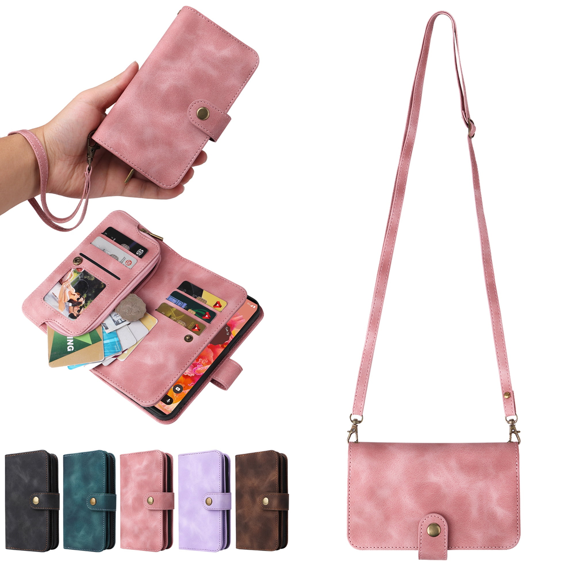Dteck Crossbody Wallet Magnetic Phone Case for iPhone 13, Premium PU Leather Handbag Zipper Pocket with Lanyard Shoulder Strap Wristlet Folio Flip Case for Apple iPhone 13,Pink