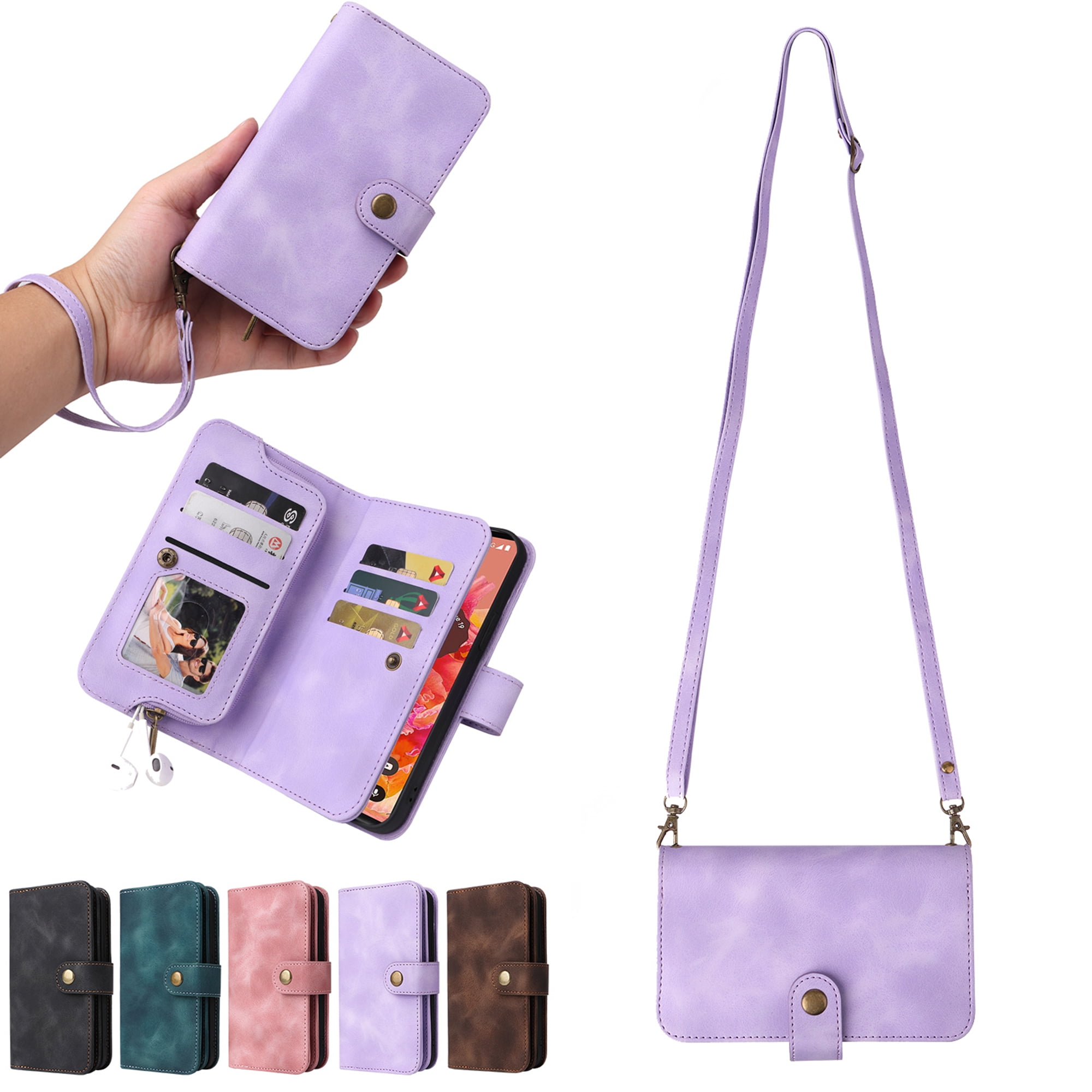 Dteck Crossbody Wallet Magnetic Phone Case for iPhone 13, Premium PU Leather Handbag Zipper Pocket with Lanyard Shoulder Strap Wristlet Folio Flip Case for Apple iPhone 13,Purple