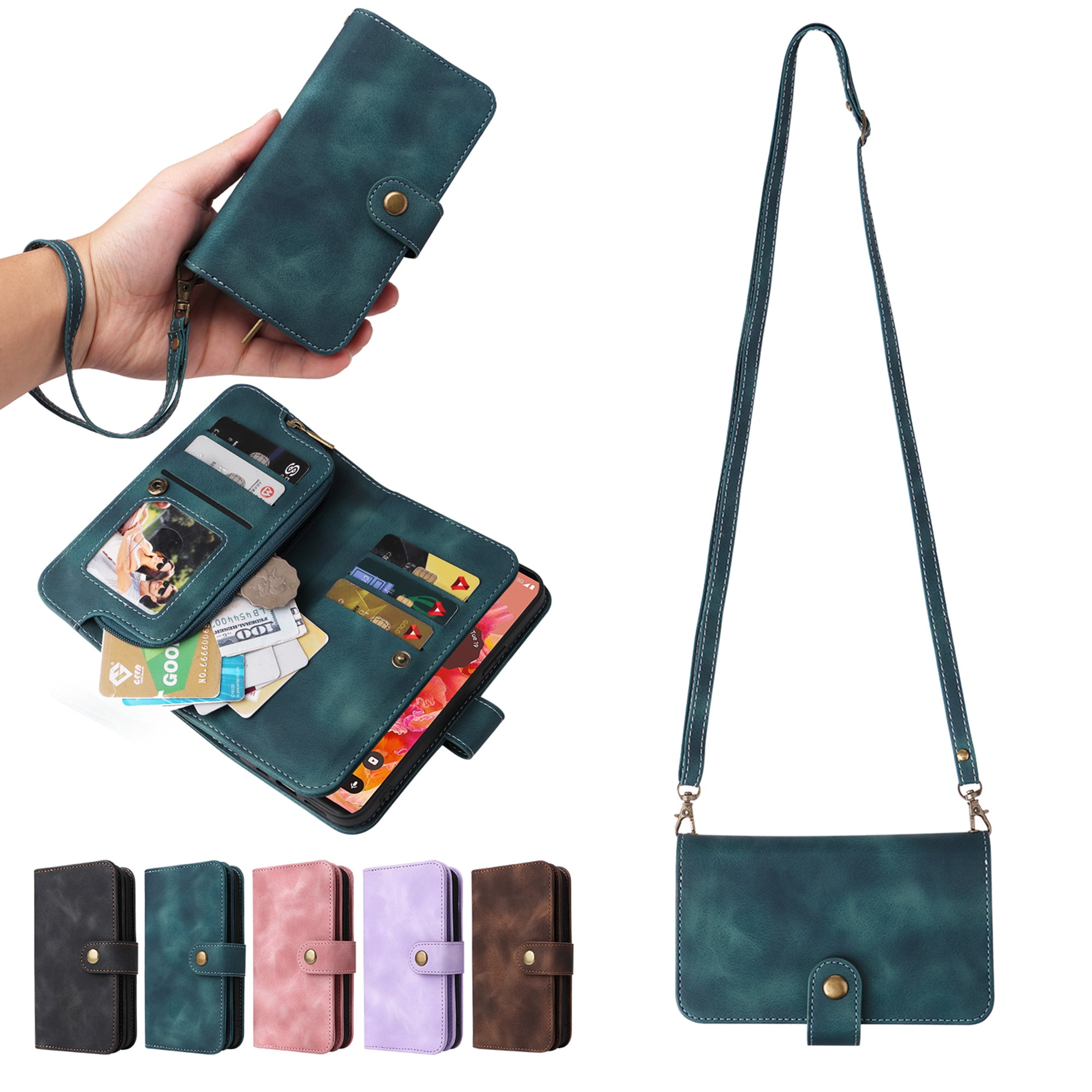 Dteck Crossbody Wallet Magnetic Phone Case for iPhone 13 Pro Premium PU Leather Handbag Zipper Pocket with Lanyard Shoulder Strap Wristlet Folio Flip