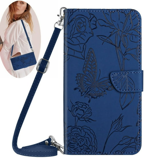 Dteck Crossbody Wallet Phone Case for Samsung Galaxy A32 5G,PU Leather Butterfly Embossed Magnetic Folio Flip Stand Cover with Shoulder Strap Lanyard Wristlet for Galaxy A32 5G,Blue