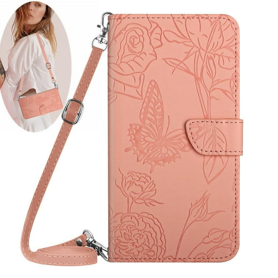Dteck Crossbody Wallet Phone Case for Samsung Galaxy S20 Ultra,PU Leather Butterfly Embossed Magnetic Folio Flip Stand Cover with Shoulder Strap Lanyard Wristlet for Galaxy S20 Ultra,Pink