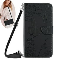 Dteck Crossbody Wallet Phone Case for Samsung Galaxy S21 Ultra,PU Leather Butterfly Embossed Magnetic Folio Flip Stand Cover with Shoulder Strap Lanyard Wristlet for Galaxy S21 Ultra,Black