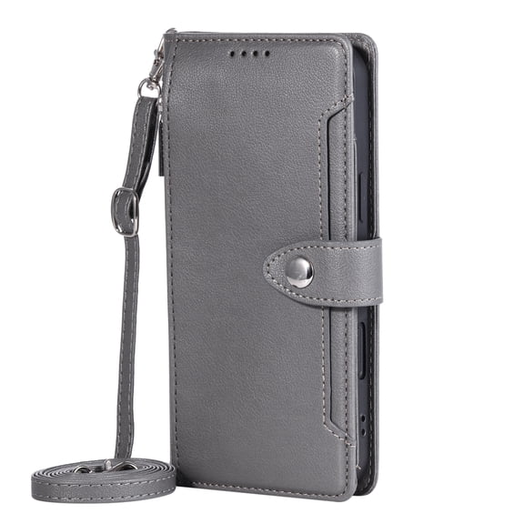 Dteck Crossbody Wallet Phone Case for iPhone 12 Pro / 12 6.1", 5-Card Holder Zipper Strap Lanyard PU Leather Shockproof Cover,Gray