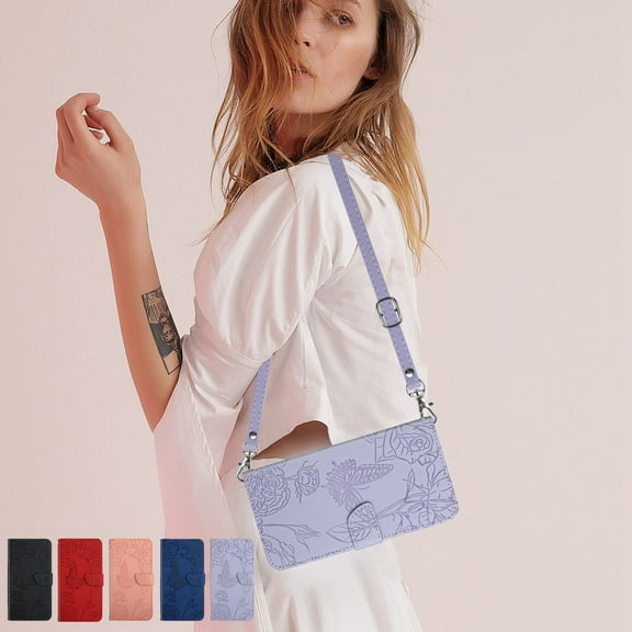 Dteck Crossbody Wallet Phone Case for iPhone 11, PU Leather Butterfly Embossed Magnetic Folio Flip Stand Cover with Shoulder Strap Lanyard Wristlet for Apple iPhone 11,Purple