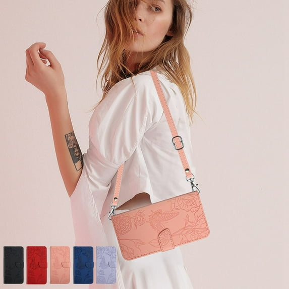 Dteck Crossbody Wallet Phone Case for iPhone 11, PU Leather Butterfly Embossed Magnetic Folio Flip Stand Cover with Shoulder Strap Lanyard Wristlet for Apple iPhone 11,Pink