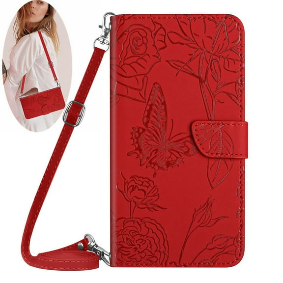 Dteck Crossbody Wallet Phone Case for iPhone 14 Plus,PU Leather Butterfly Embossed Magnetic Folio Flip Stand Cover with Shoulder Strap Lanyard Wristlet for iPhone 14 Plus,Red
