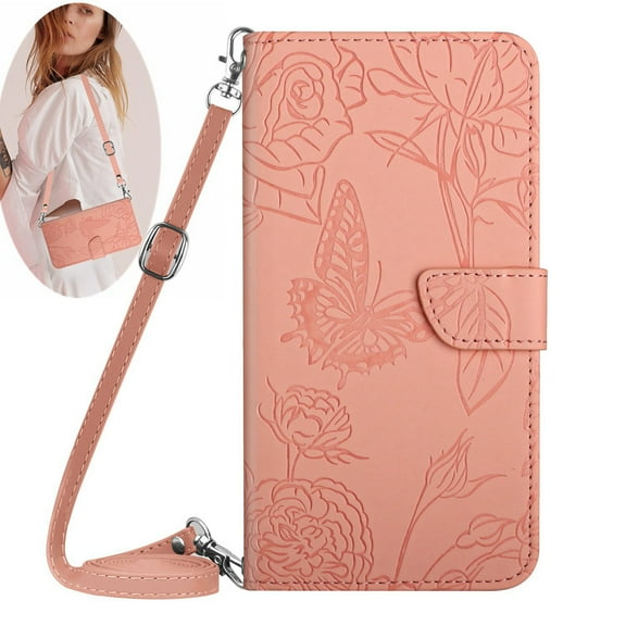 Dteck Crossbody Wallet Phone Case for iPhone 15 Plus,PU Leather Butterfly Embossed Magnetic Folio Flip Stand Cover with Shoulder Strap Lanyard Wristlet for iPhone 15 Plus,Pink