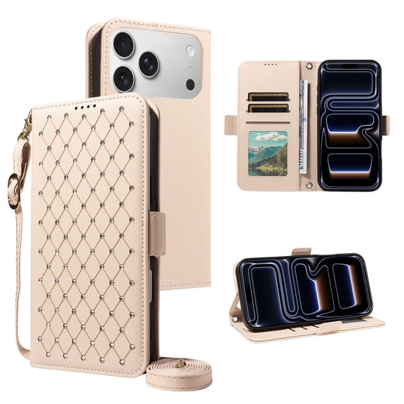 Dteck Crossbody Wallet Phone Case for iPhone 17 Pro Max, Bling Diamond PU Leather Credit Card Slots Folio Flip Stand Cover with Wrist/Shoulder Strap,Beige