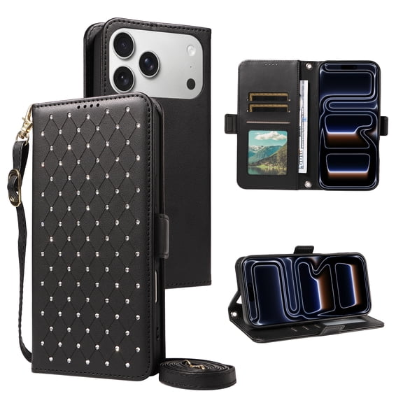 Dteck Crossbody Wallet Phone Case for iPhone 17 Pro Max, Bling Diamond PU Leather Credit Card Slots Folio Flip Stand Cover with Wrist/Shoulder Strap,Black