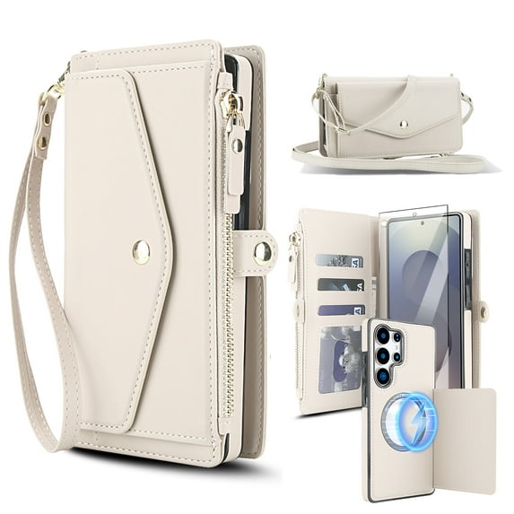 Dteck Crossbody Wallet for Samsung Galaxy A15 with Detachable Magnetic Phone Case, Compatible with MagSafe, RFID Blocking PU Leather Flip Cover Wrist Strap Zipper Card Holder Slots,White