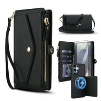 Dteck Crossbody Wallet for Samsung Galaxy A15 with Detachable Magnetic Phone Case, Compatible with MagSafe, RFID Blocking PU Leather Flip Cover Wrist Strap Zipper Card Holder Slots,Black