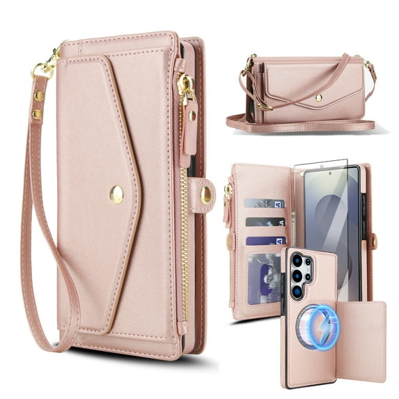 Dteck Crossbody Wallet for Samsung Galaxy A54 5G with Detachable Magnetic Phone Case, Compatible with MagSafe, RFID Blocking PU Leather Flip Cover Wrist Strap Zipper Card Holder Slots,Rosegold